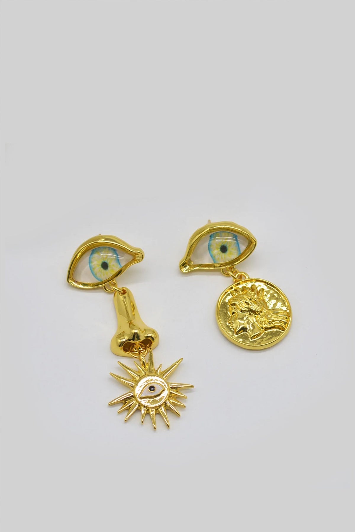 Statement Drop Earrings with Eye Motif and Symbol Charms – Gold