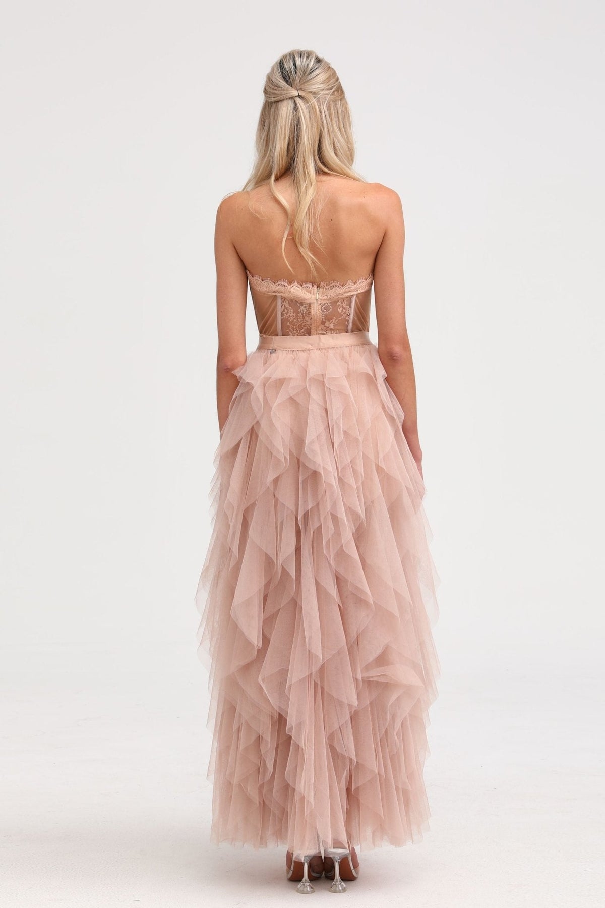 Eilís pink bustier mesh maxi dress