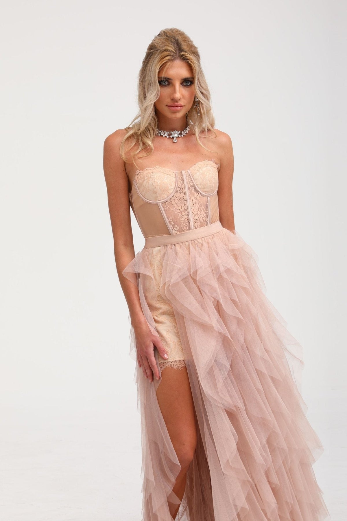 Eilís pink bustier mesh maxi dress