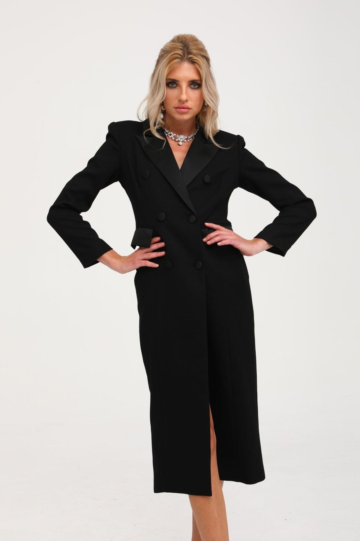Eithne black double-breasted long coat
