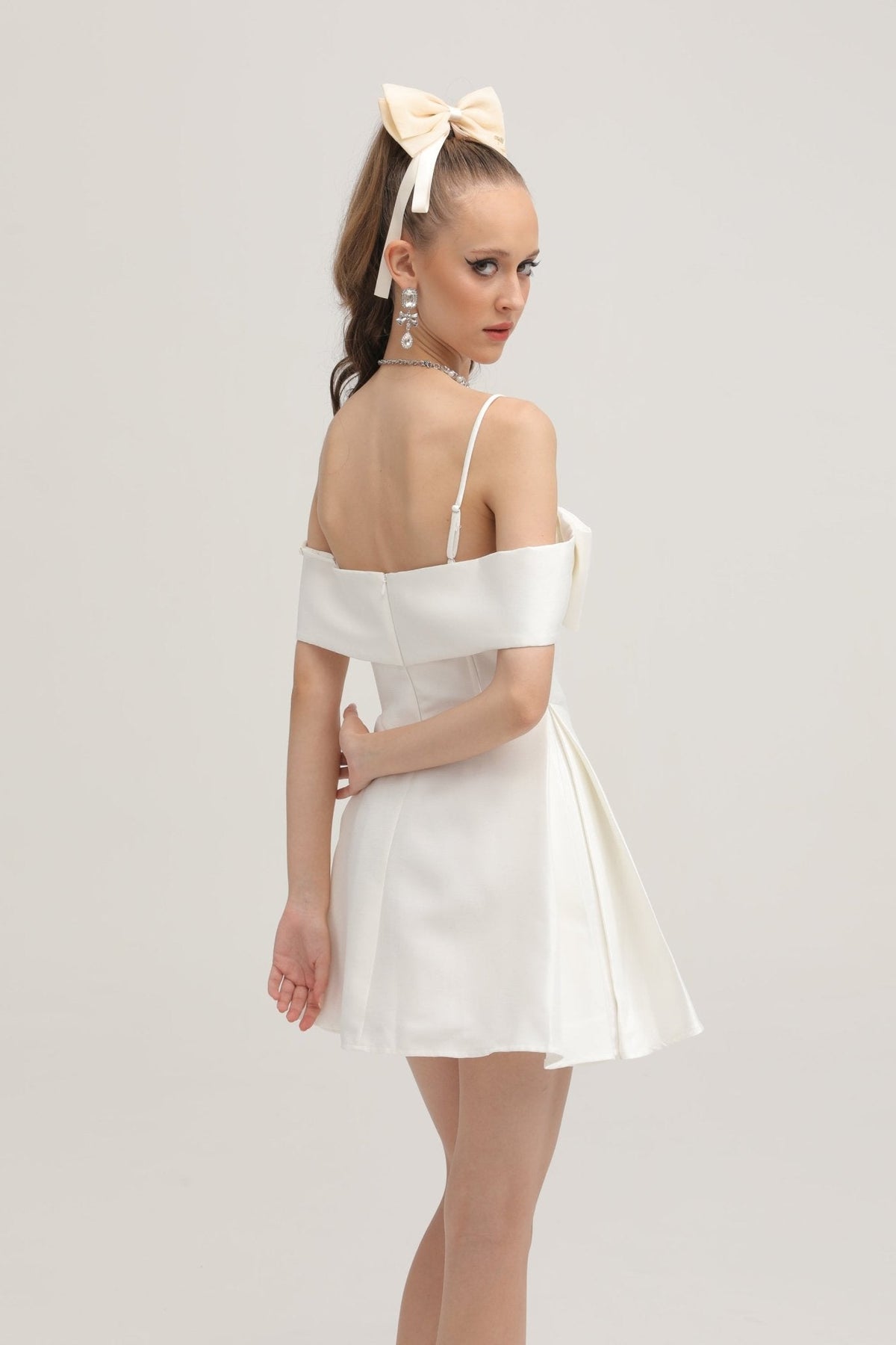 Elva white bowknot flared mini dress - White
