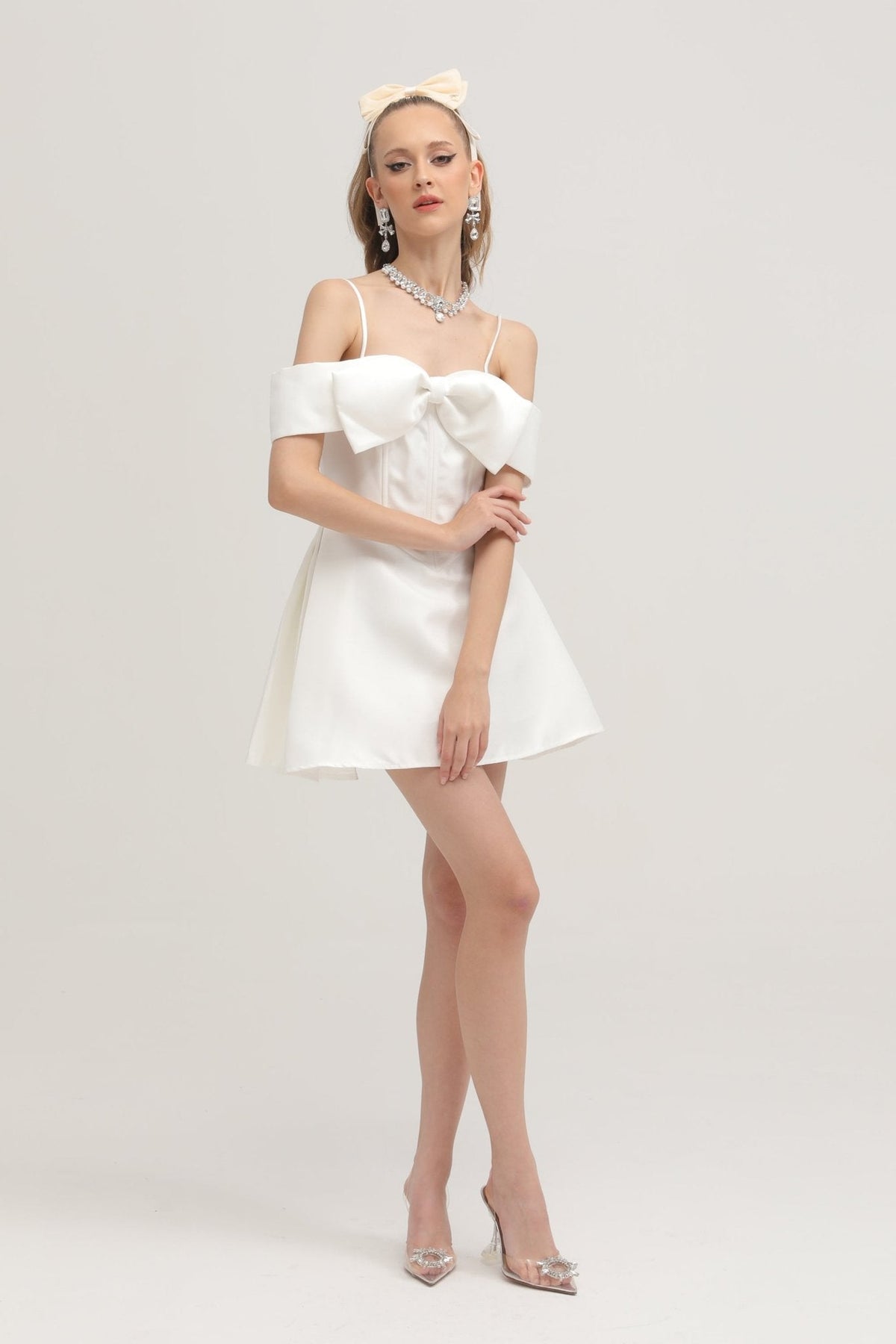 Elva white bowknot flared mini dress