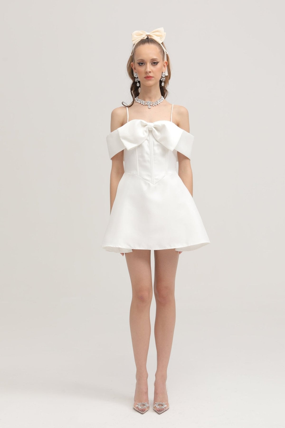 Elva white bowknot flared mini dress - White