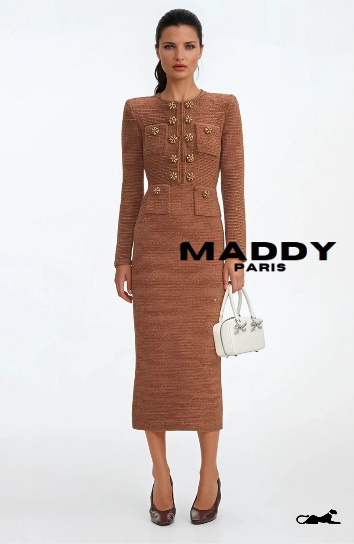 ISABELLE TWEED MIDI DRESS – CAMEL BROWN