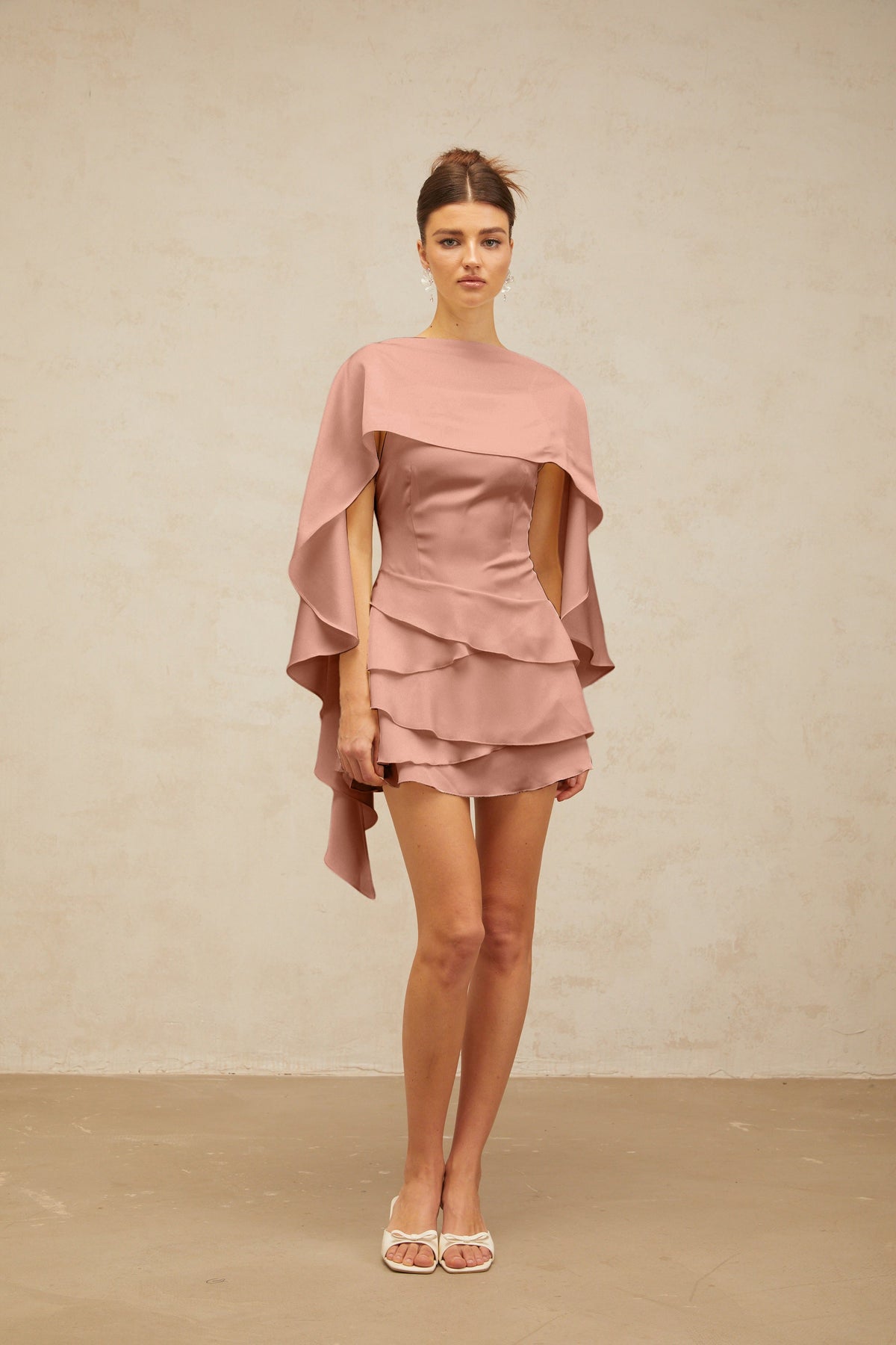 Lyna shawl-panel ruffled satin mini dress in Pink