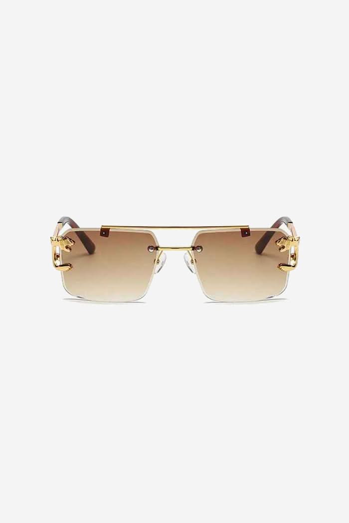 Rimless Square Sunglasses with Gold Panther Detail and Double-Bar Temples – Brown