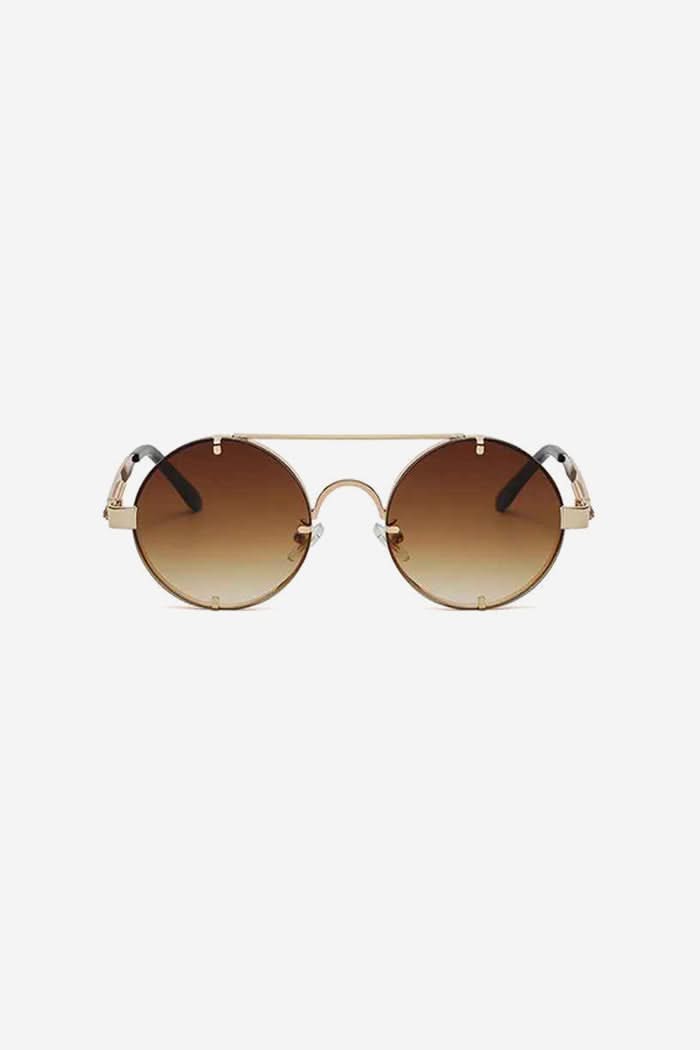 Rimless Round Sunglasses with Double Bridge and Temple Springs – Brown