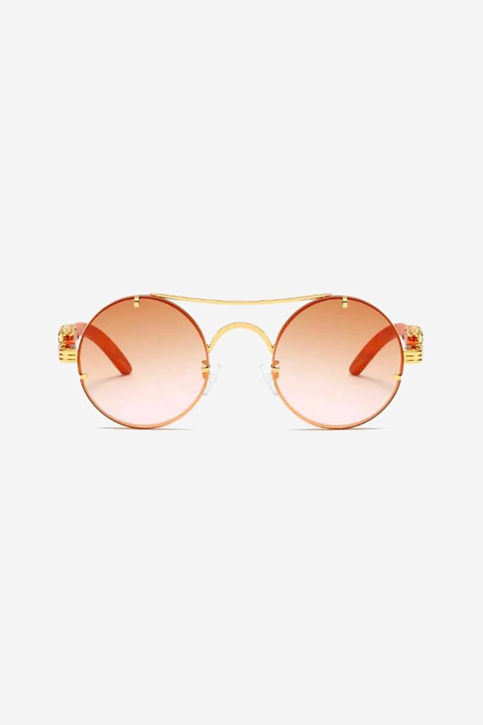 Round Sunglasses with Sculpted Leopard Temples and Double Gold Bridge – Beige