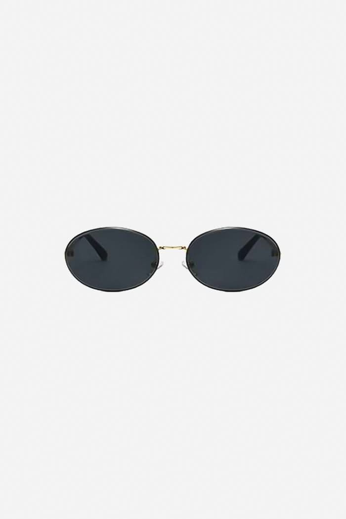 Slim Oval Sunglasses with Polished Metal Frame and Adjustable Nose Pads – Black