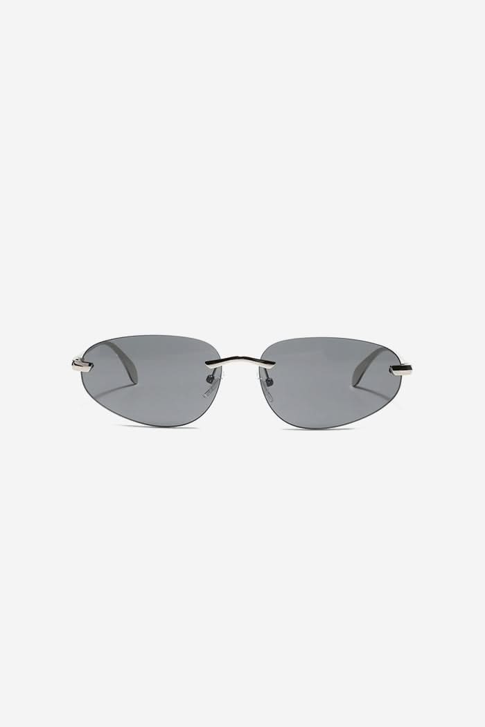 Minimalist Rimless Sunglasses with Sleek Metal Temples and Curved Arms – Grey