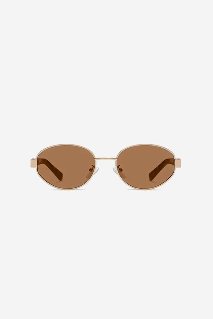 Vintage-Inspired Oval Sunglasses with Slim Gold Frame and Bold Acetate Temples – Brown