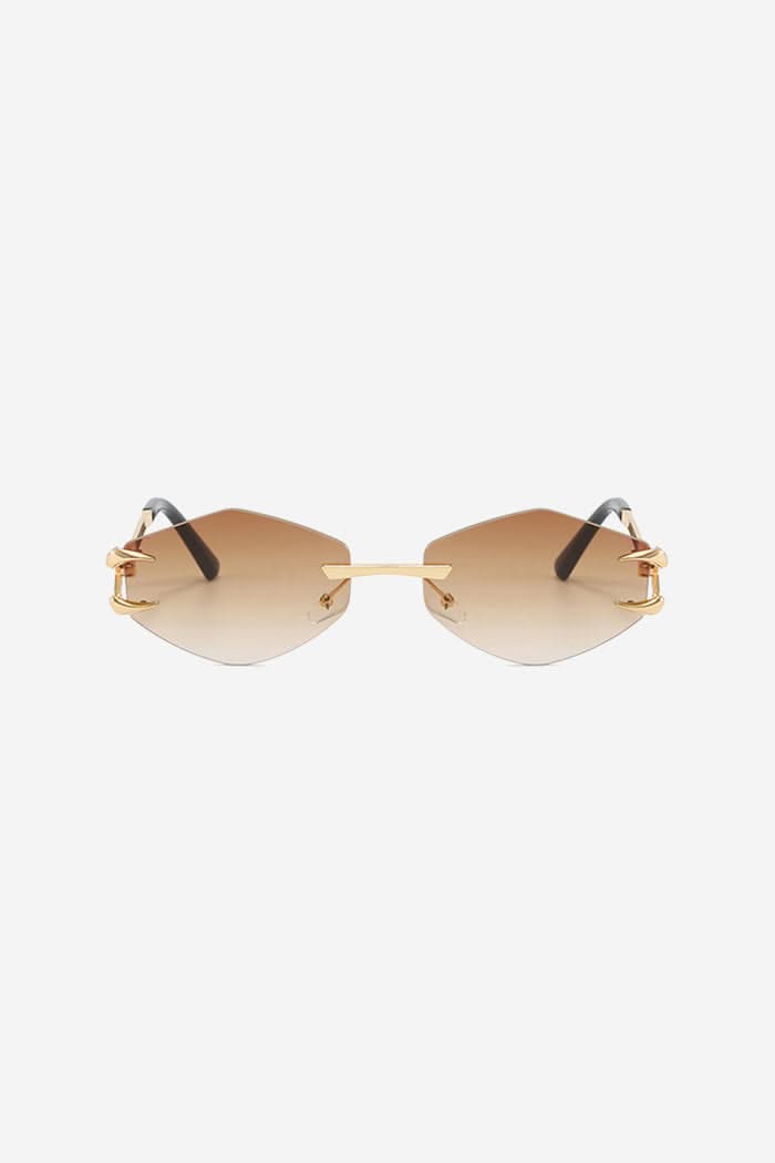 Rimless Geometric Sunglasses with Spiked Gold Temples – Brown