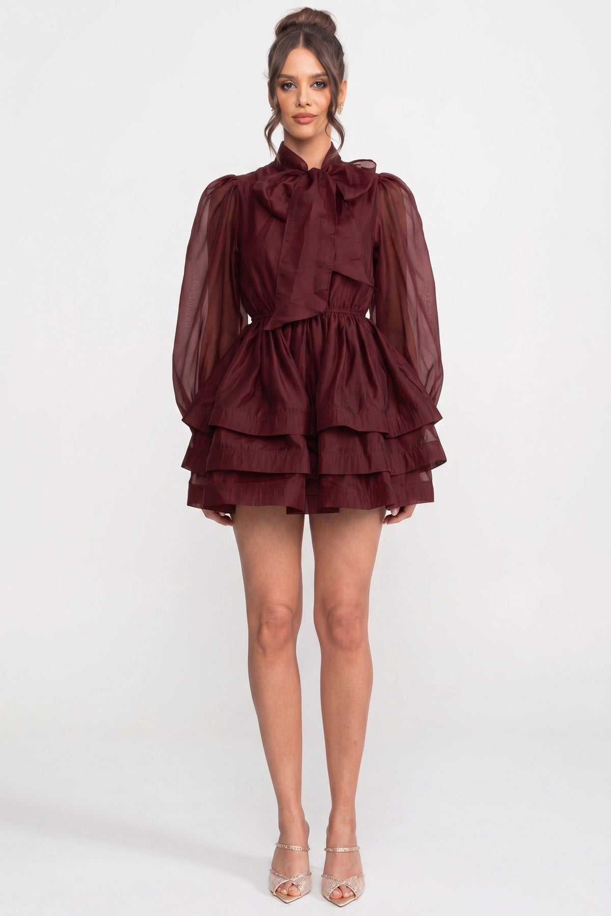 High-Neck Puff-Sleeve Mini Dress With Tiered Ruffle Skirt And Bow - Wine