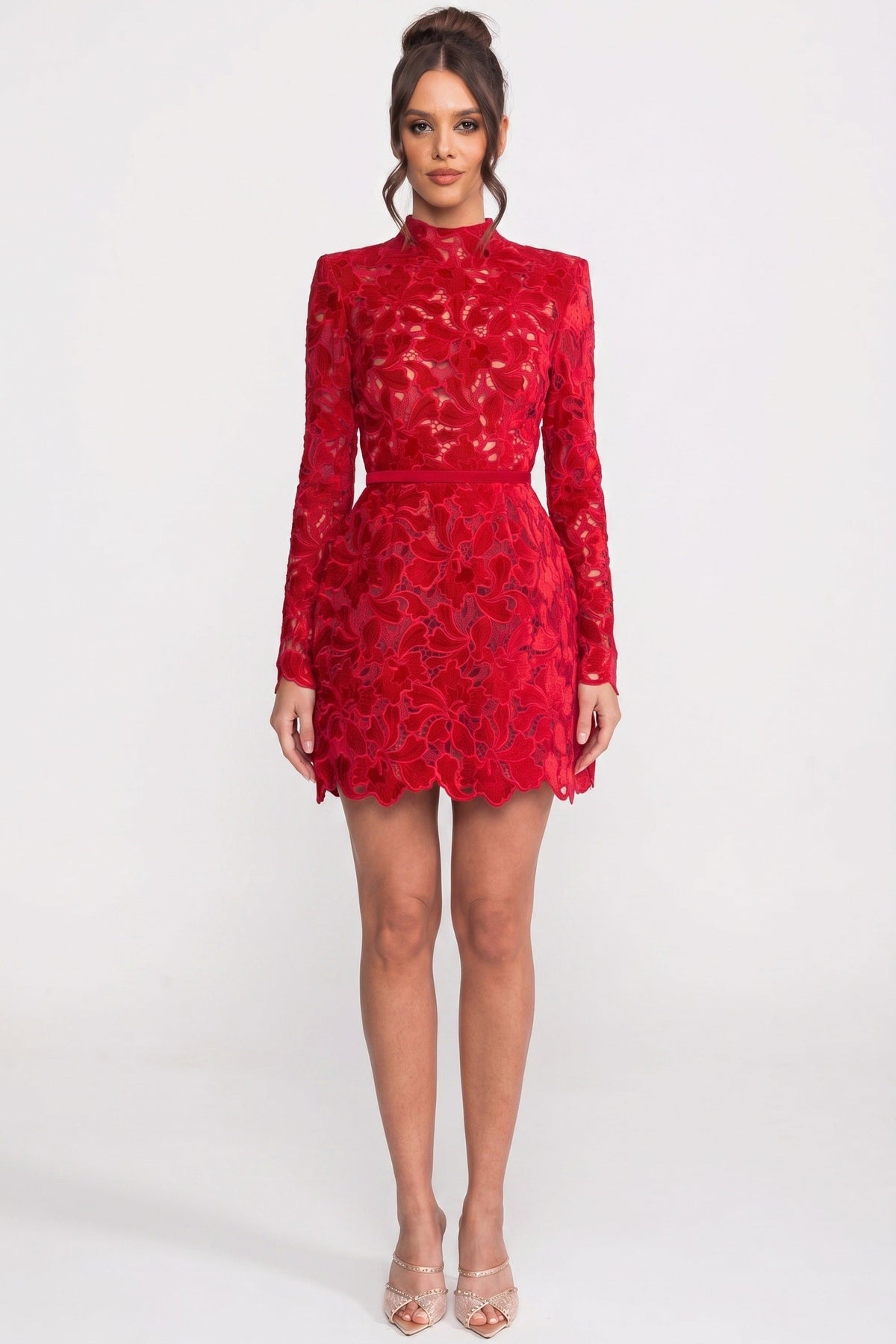 Long-Sleeve Lace Mini Dress With High Neck And Scalloped Hem - Red