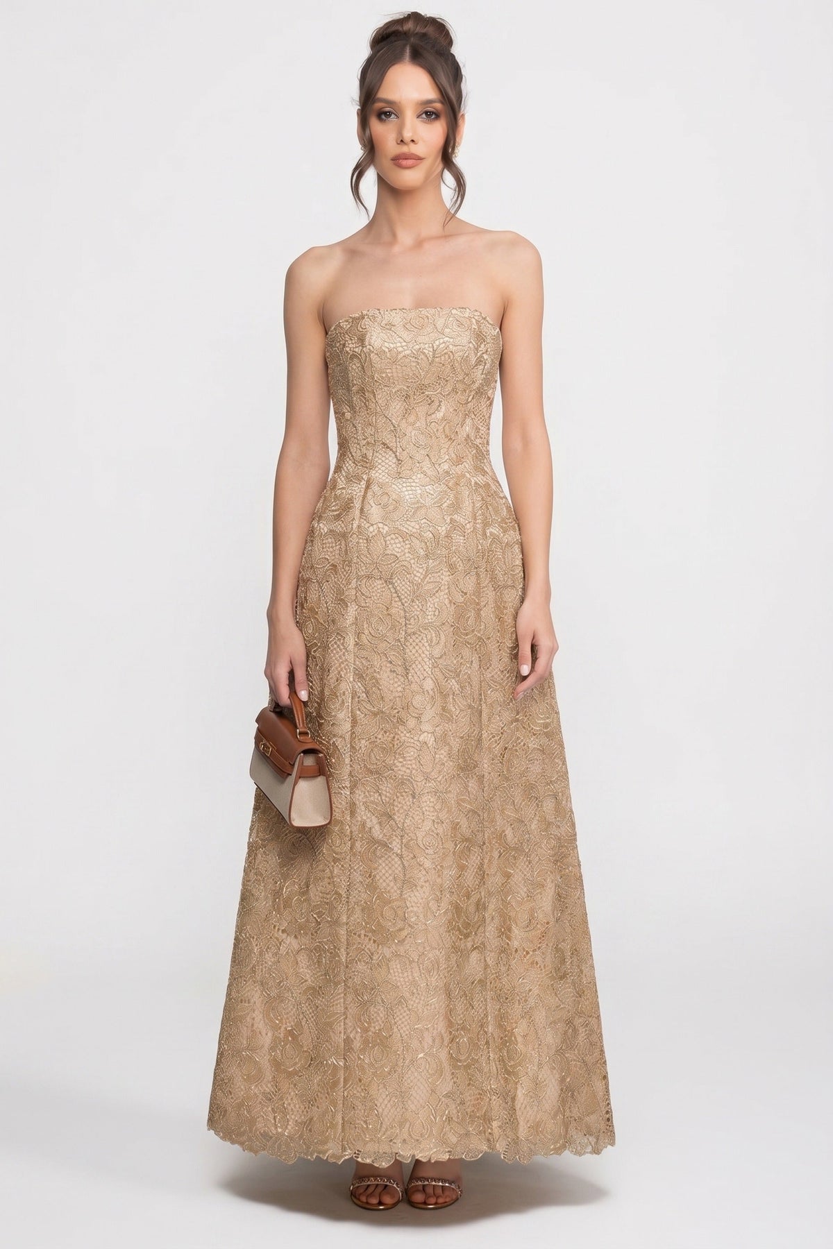 Strapless Floral Lace Ballgown With Full A-Line Skirt - Gold
