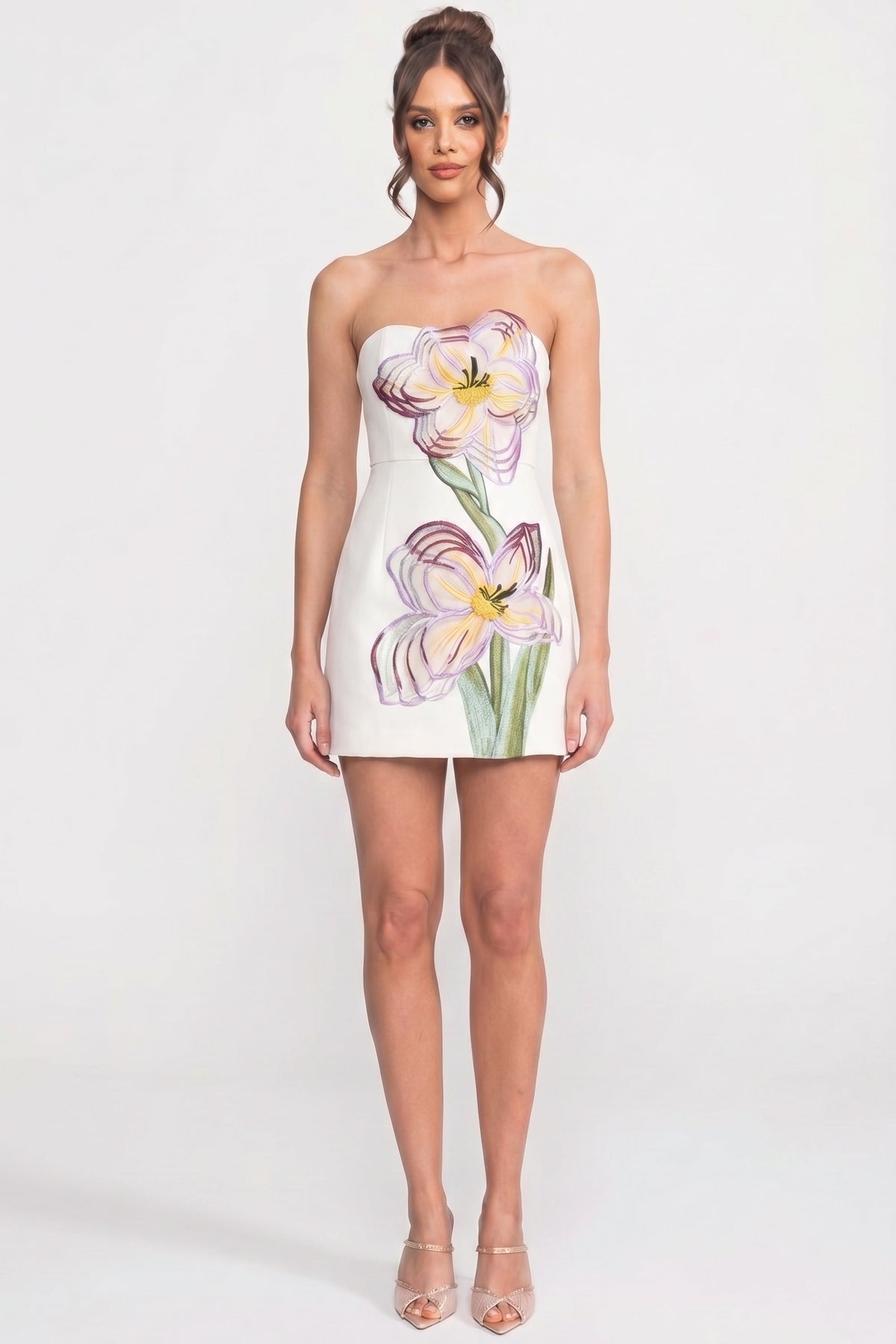 Strapless Mini Dress With 3D Iris Floral Appliqué - White