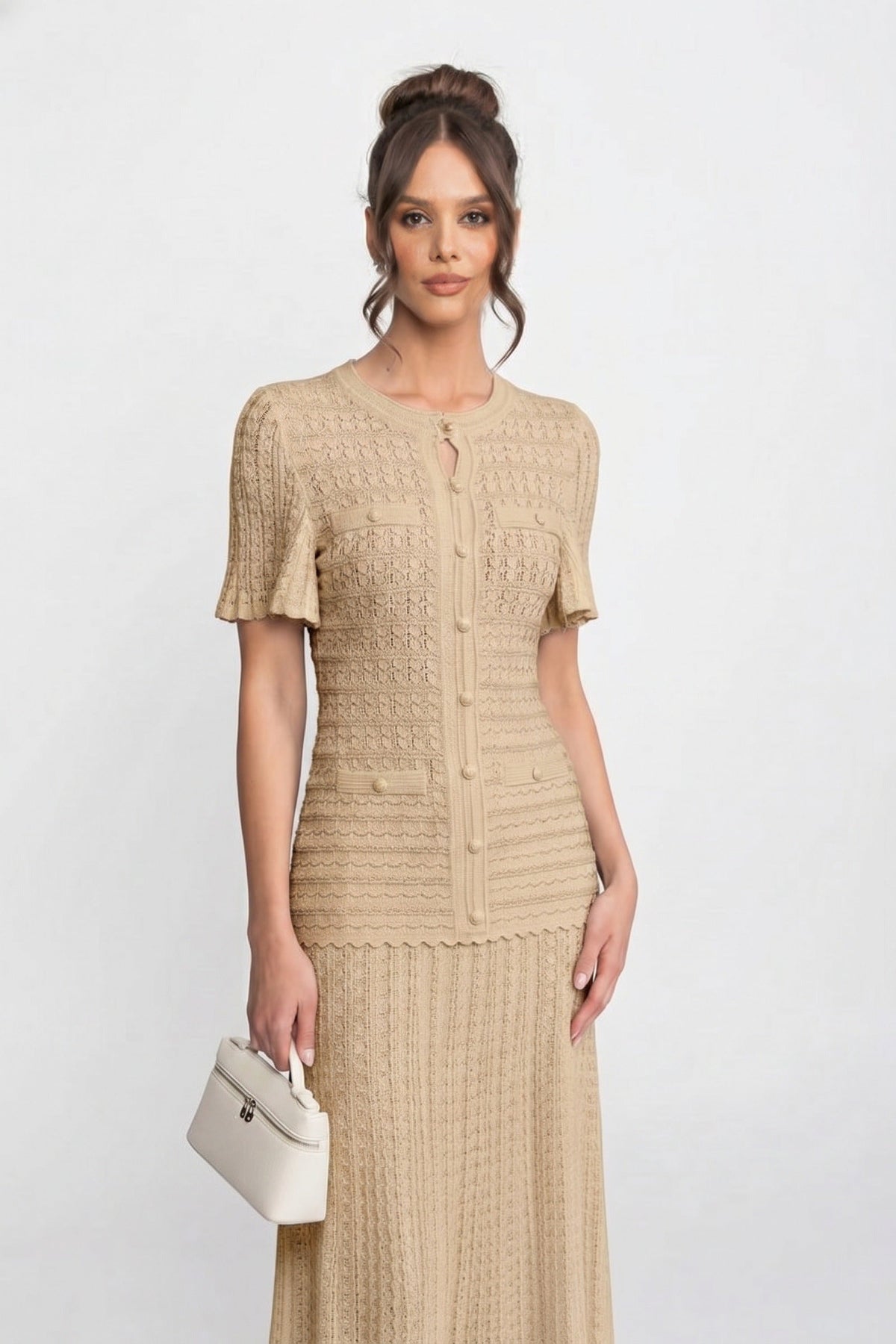 Short Sleeve Midi Dress With Shimmer Knit Texture - Beige