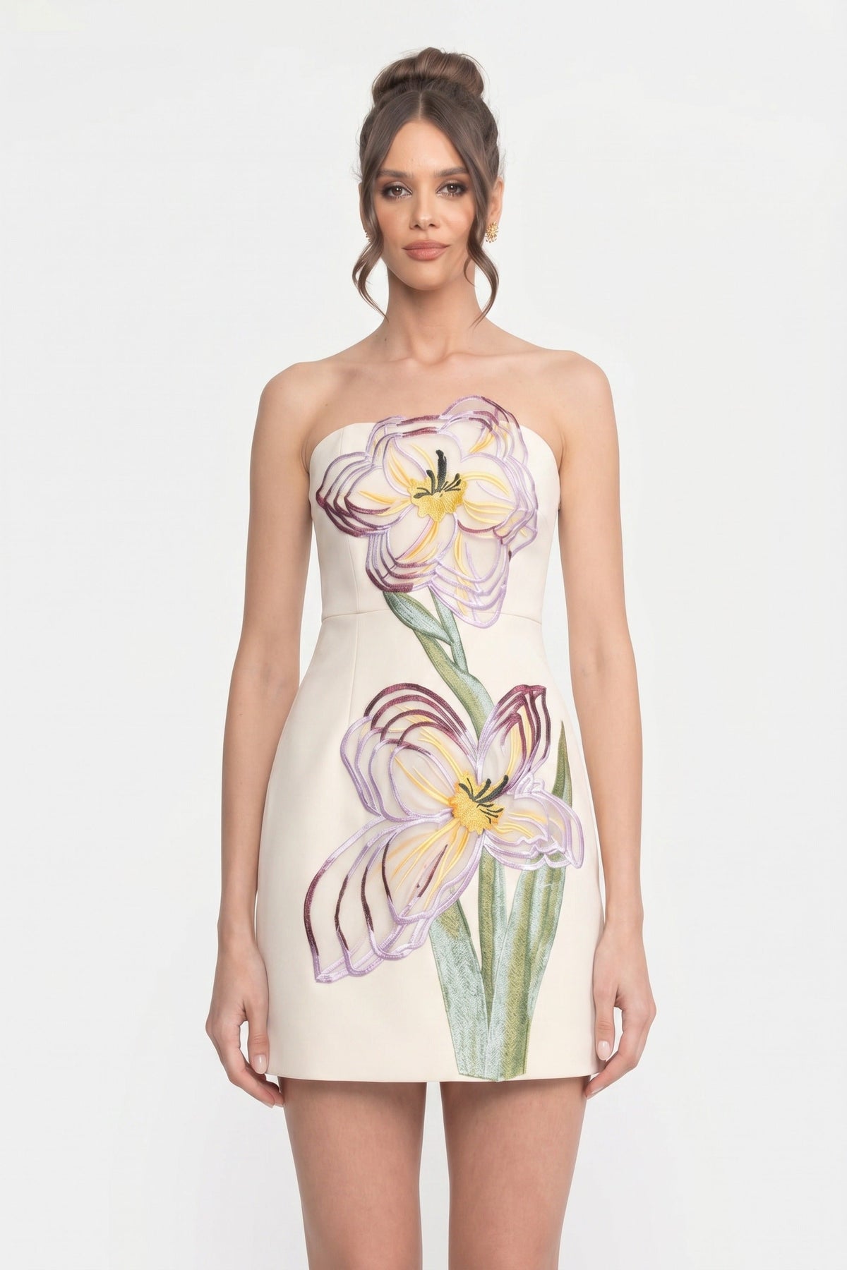Strapless Mini Dress With 3D Iris Floral Appliqué - White