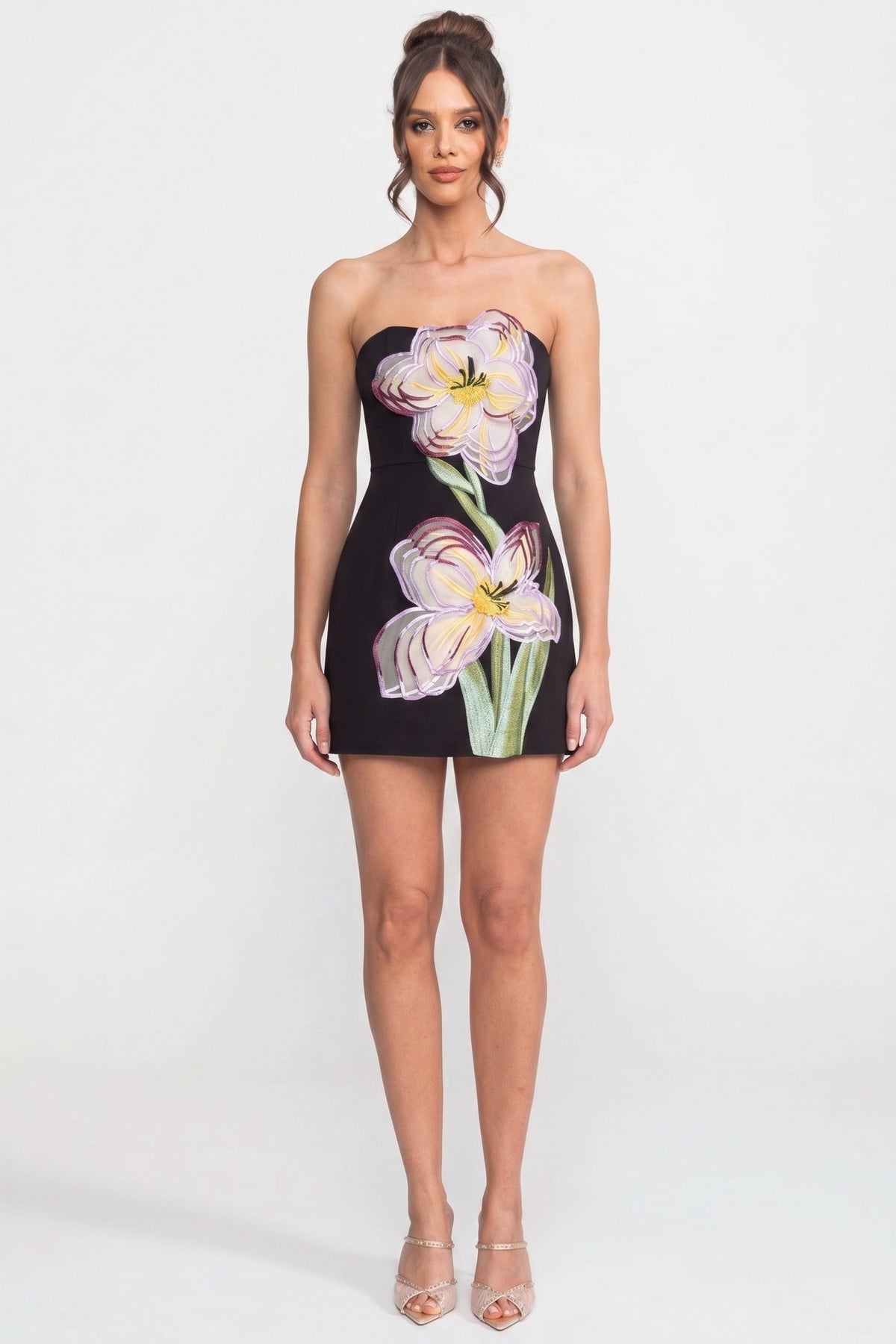 Strapless Mini Dress With 3D Iris Floral Appliqué - Black
