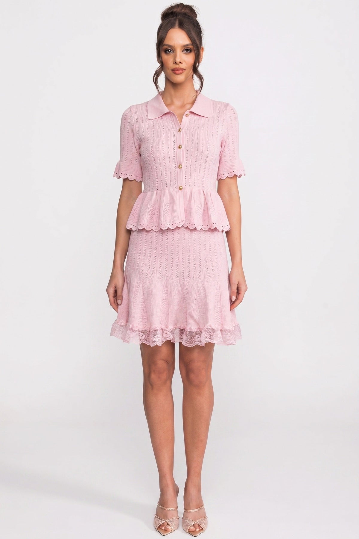 Polo-Collar Mini Dress With Button Top, Peplum Waist And Lace Hem - Pink