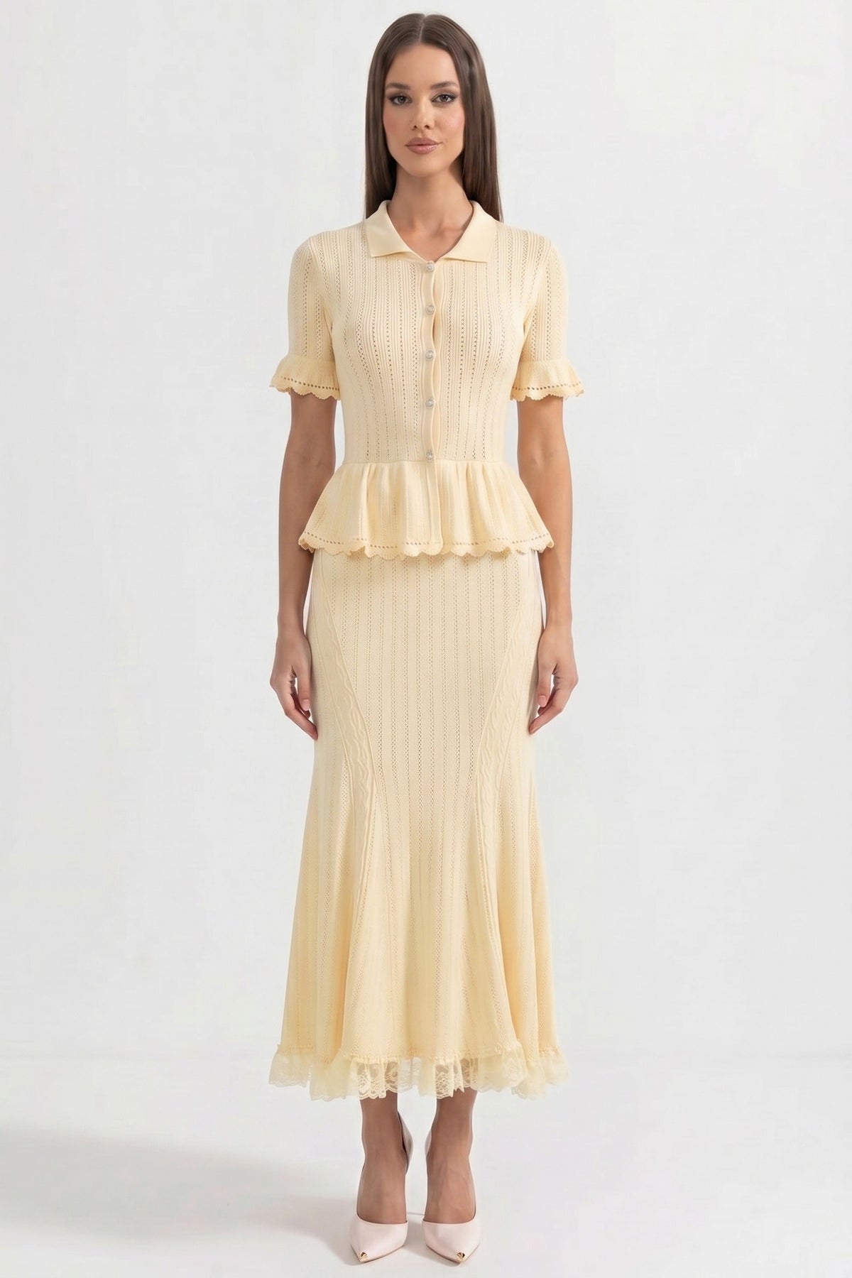 Peter-Pan Collar Knit Peplum Maxi Dress With Lace Hem - Yellow