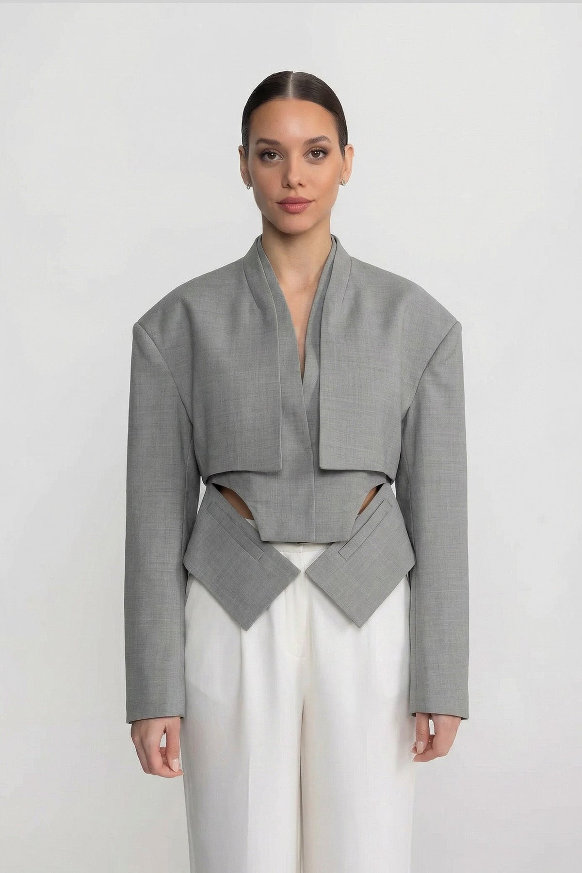 Cropped Long Sleeve Blazer With Cut-Out Waist Detail - Gray