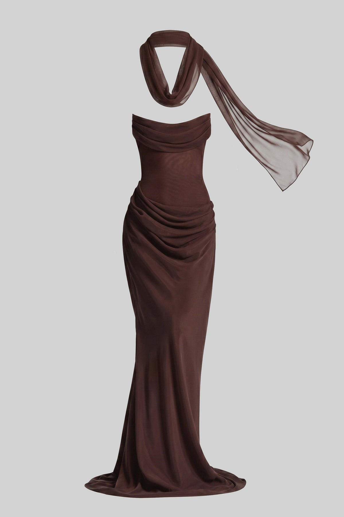 Strapless Draped Maxi Gown With Cowl Neckline And Sheer Scarf - Brown