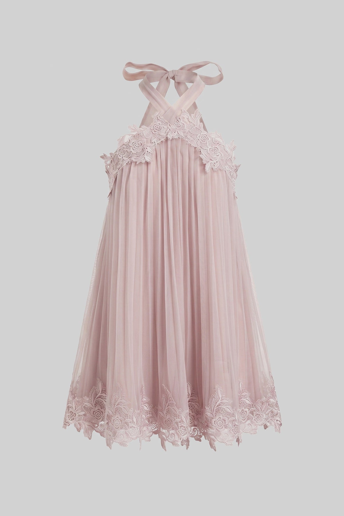 Halter Neck Chiffon Mini Dress With Lace Hem - Pink