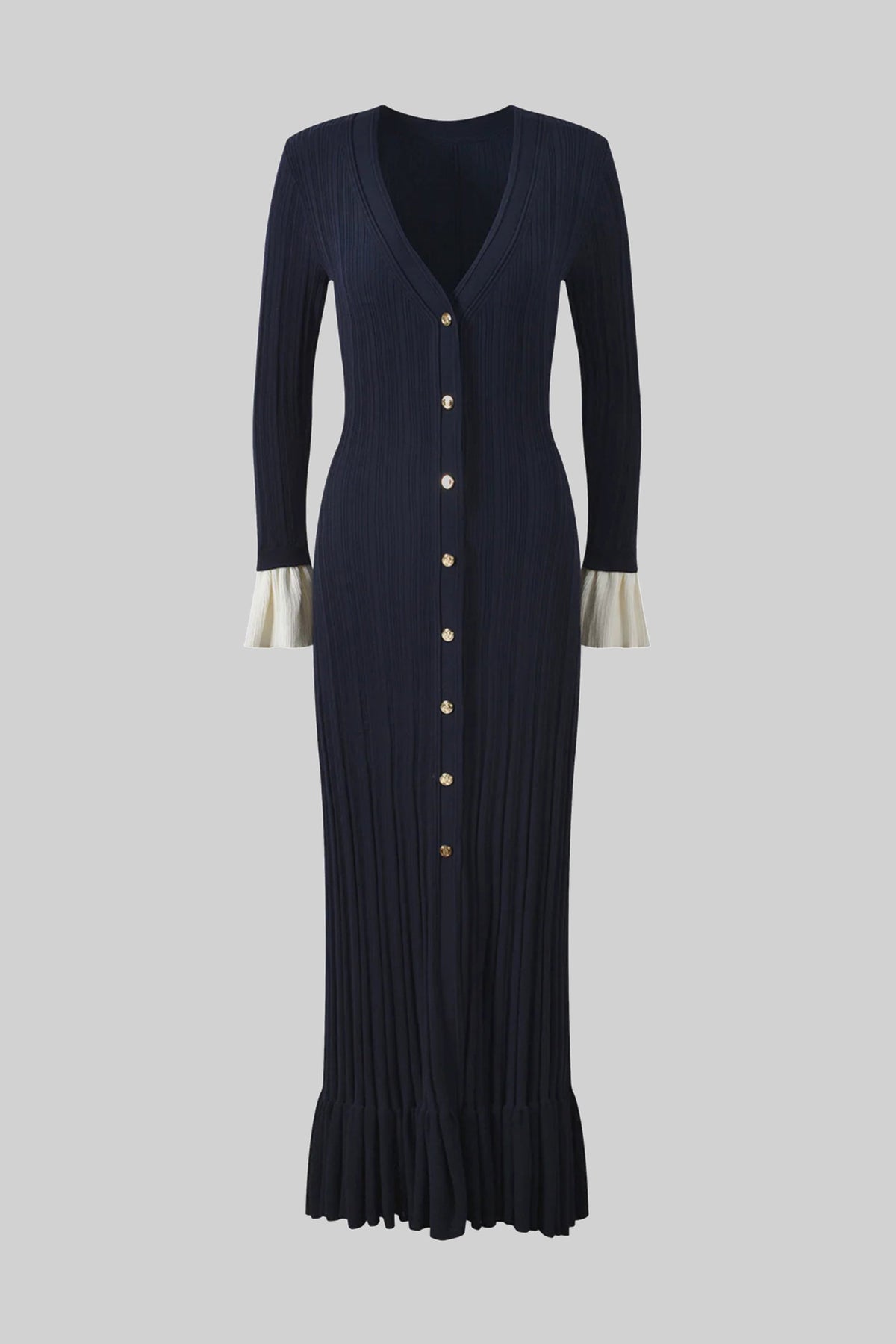 Long-Sleeve Button-Front Pleated Knit Maxi Dress With Contrast Cuffs - Navy