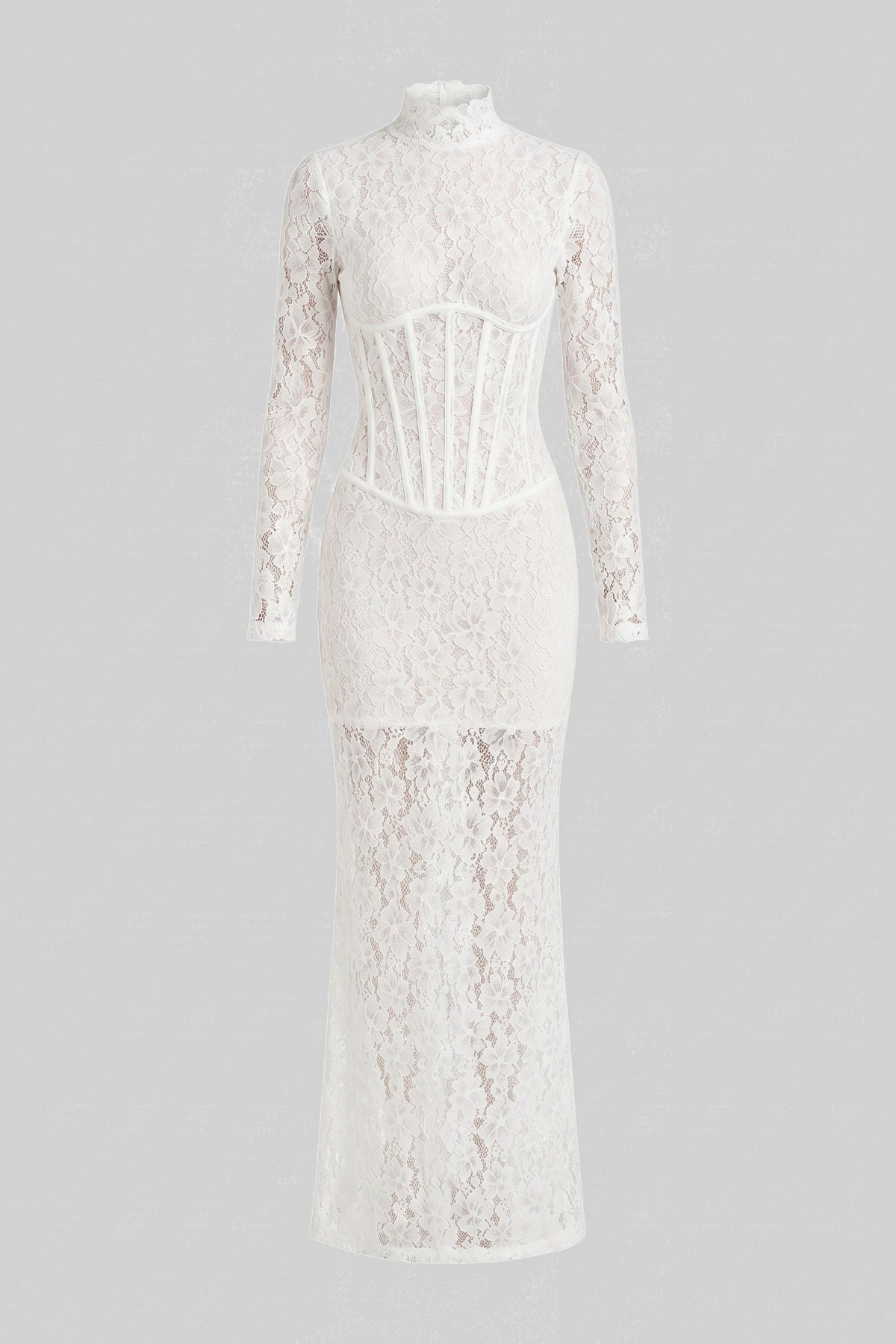 High-Neck Long-Sleeve Lace Maxi Dress With Column Silhouette - White