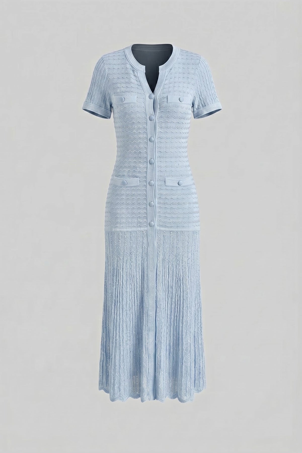 Short Sleeve Midi Dress With Shimmer Knit Texture - Light Blue