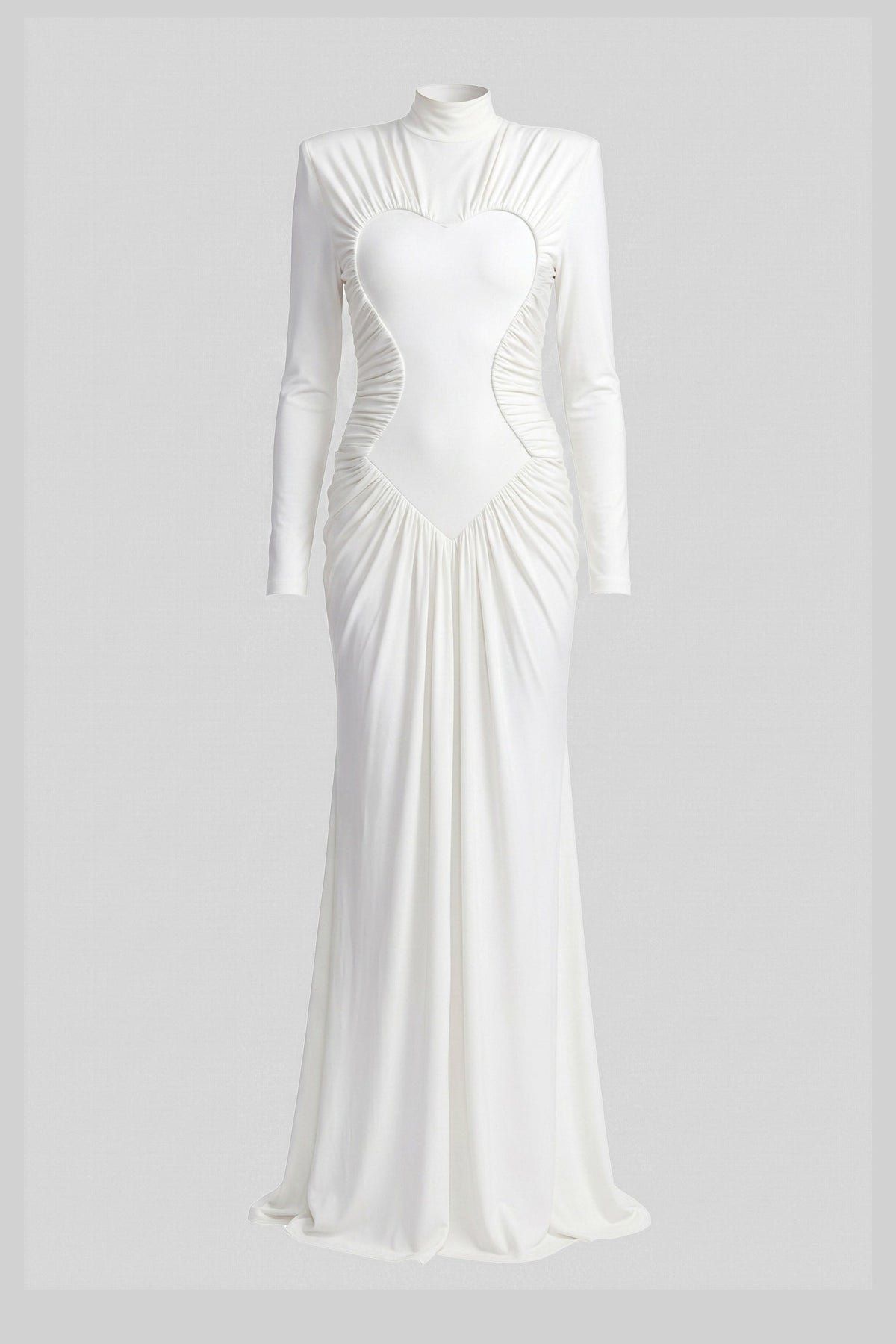 High-Neck Long-Sleeve Ruched Mermaid Gown With Diagonal Drape - White