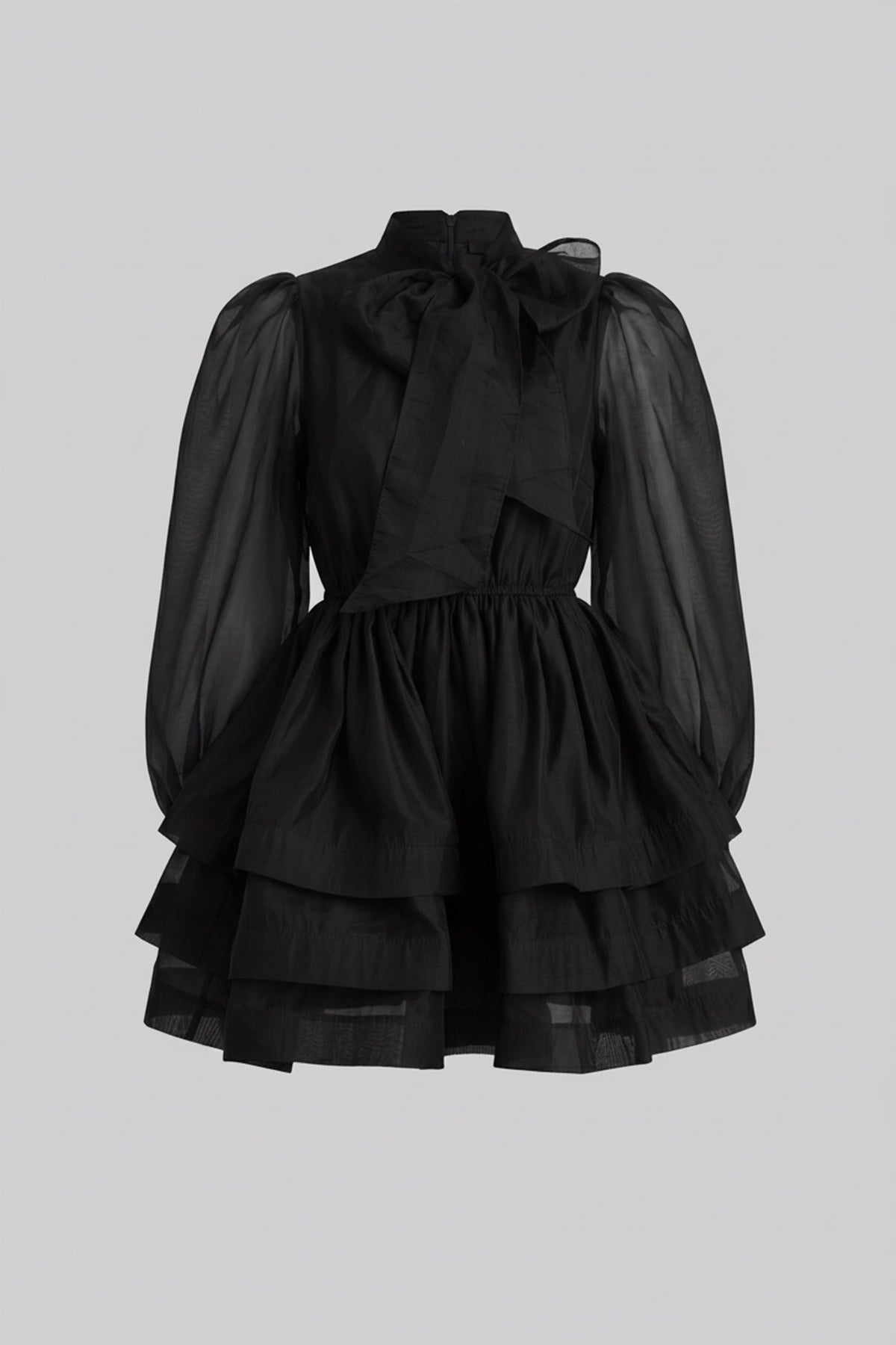High-Neck Puff-Sleeve Mini Dress With Tiered Ruffle Skirt And Bow - Black