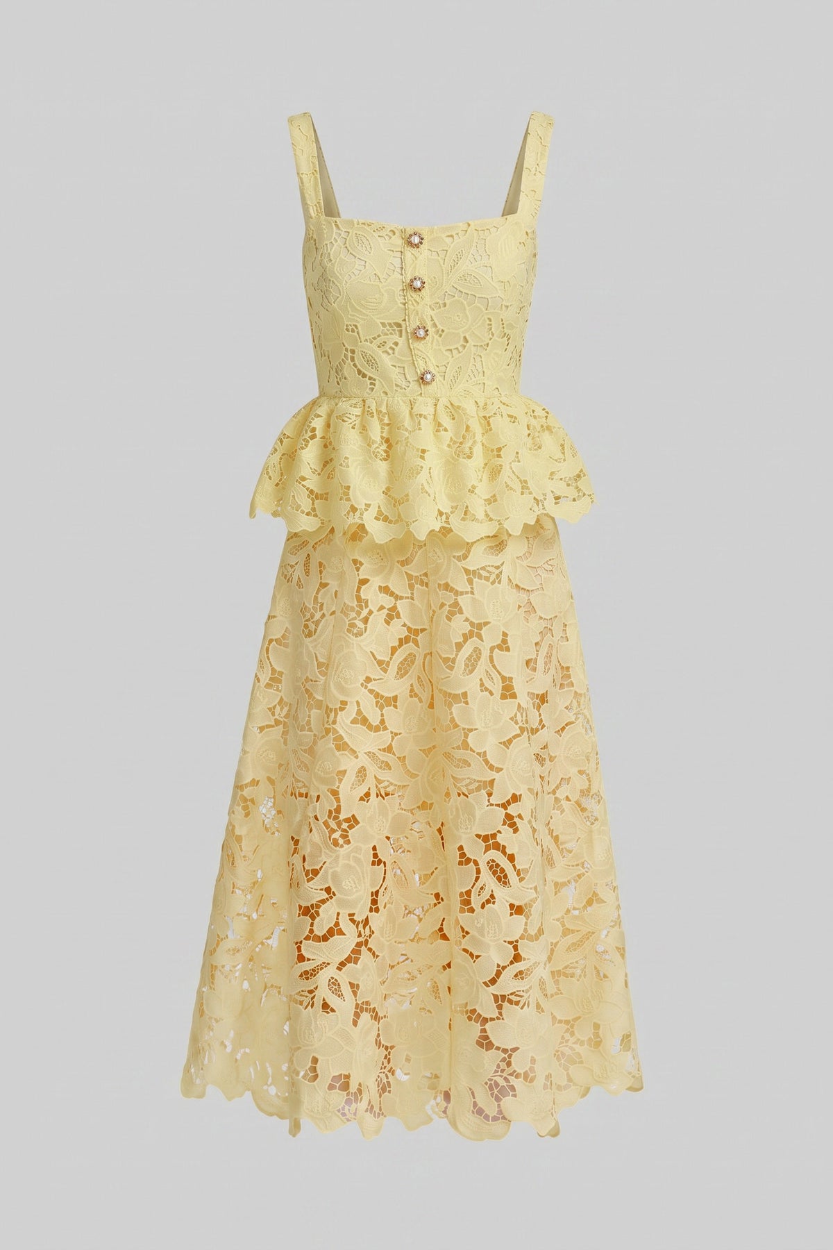 Sleeveless Lace Peplum Dress With Midi Skirt And Golden Buttons - Yellow