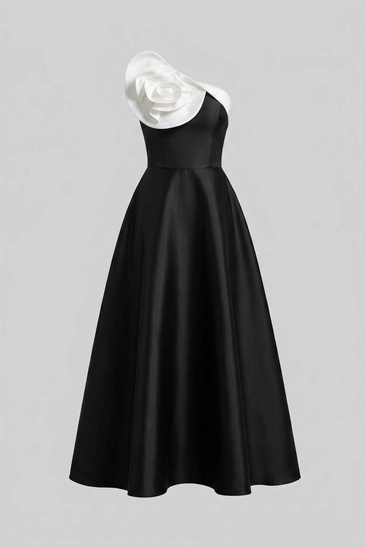 One-Shoulder Ballgown With Oversized 3D Rose And Full Skirt - Black