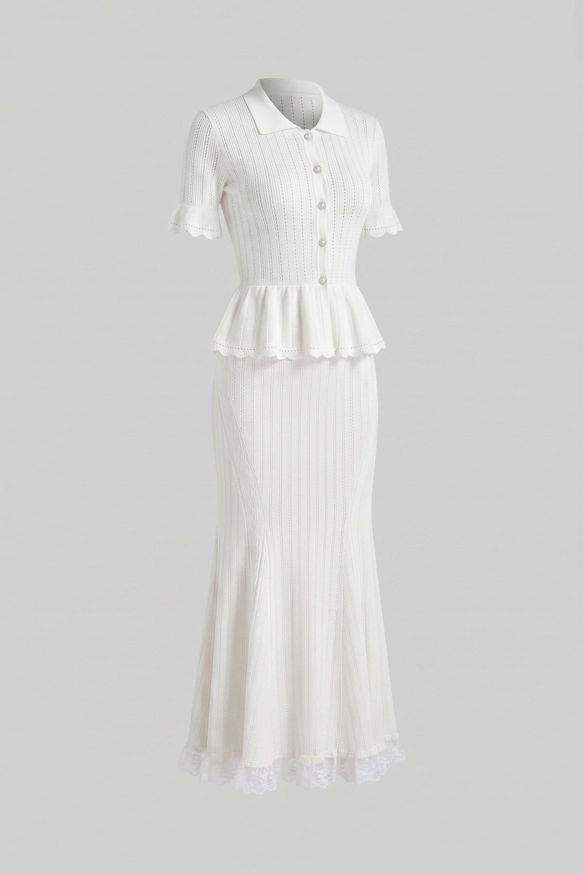 Peter-Pan Collar Knit Peplum Maxi Dress With Lace Hem - White