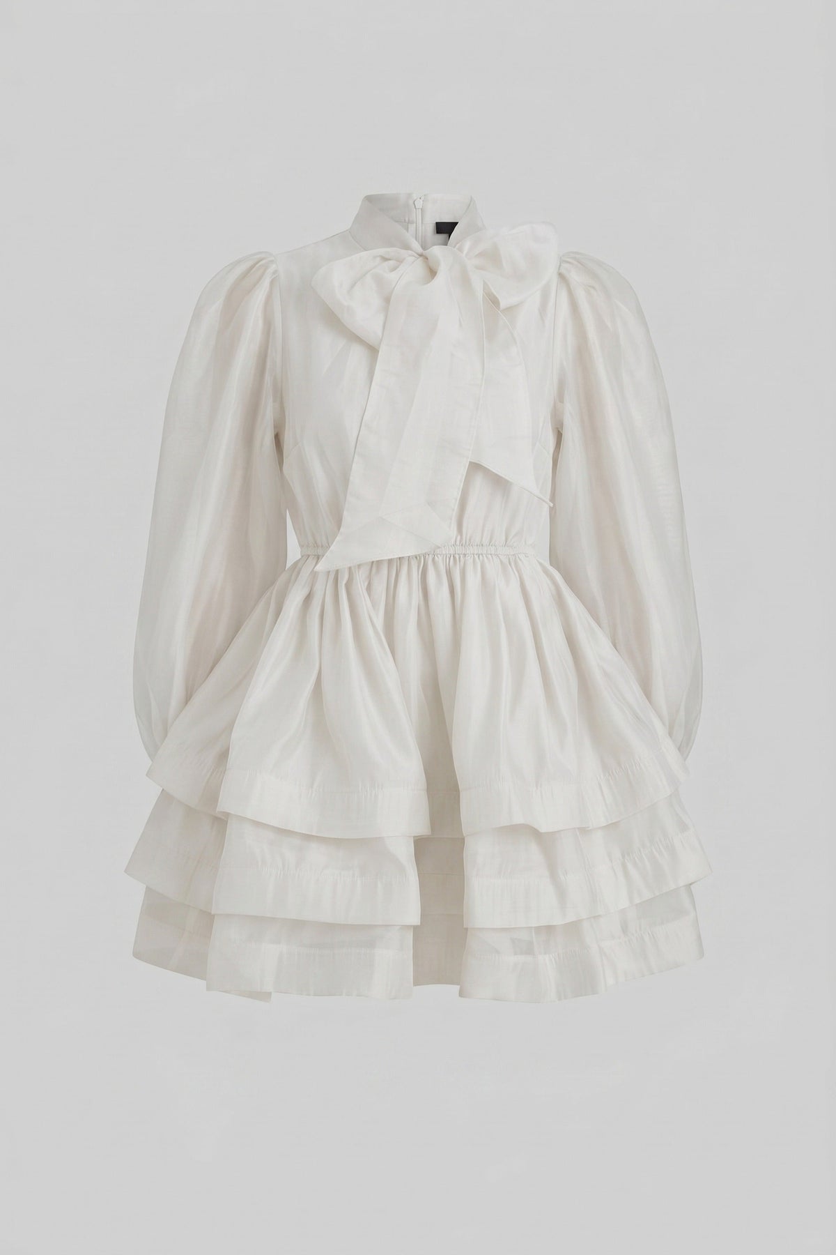 High-Neck Puff-Sleeve Mini Dress With Tiered Ruffle Skirt And Bow - White