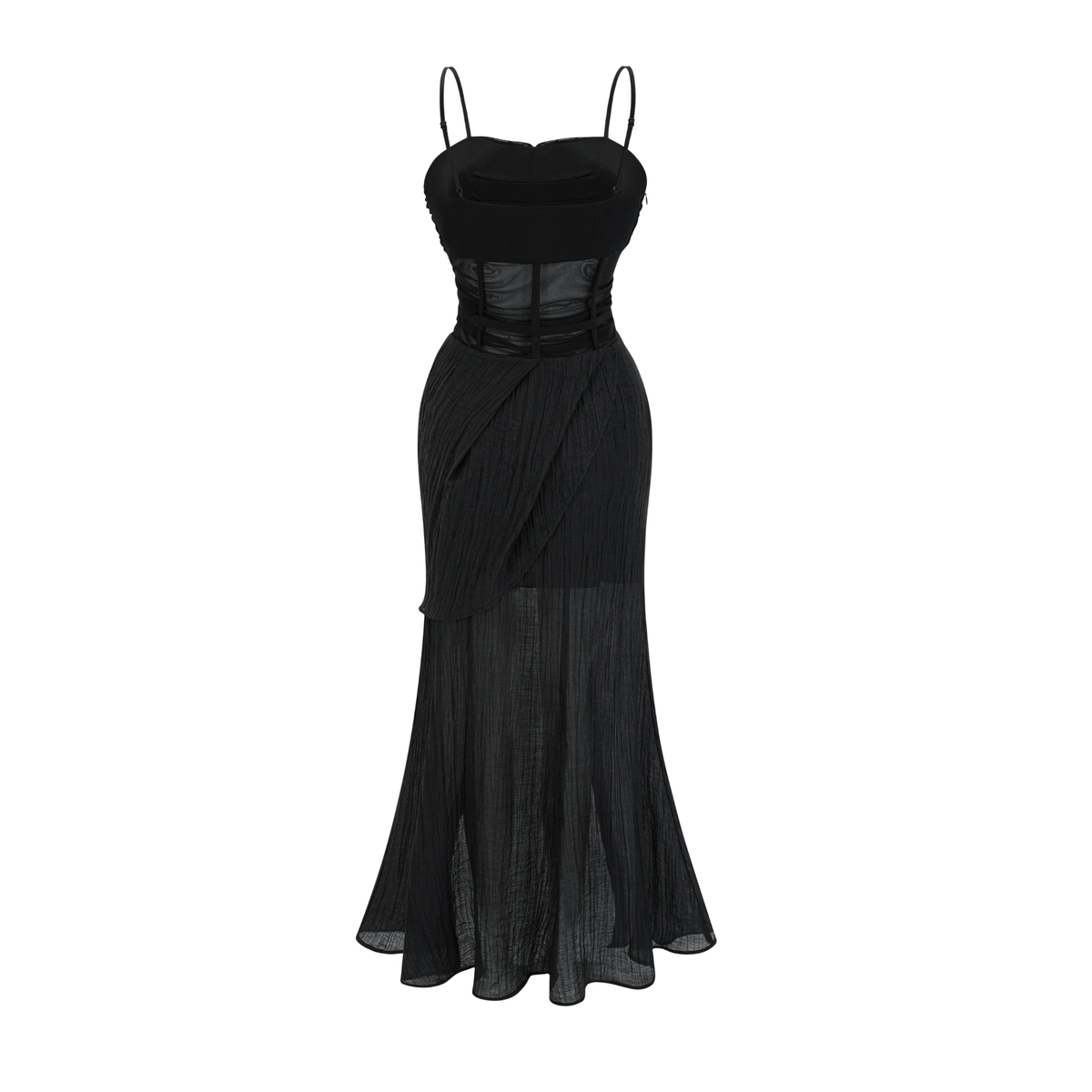Guinevere black sheer asymmetrical midi dress