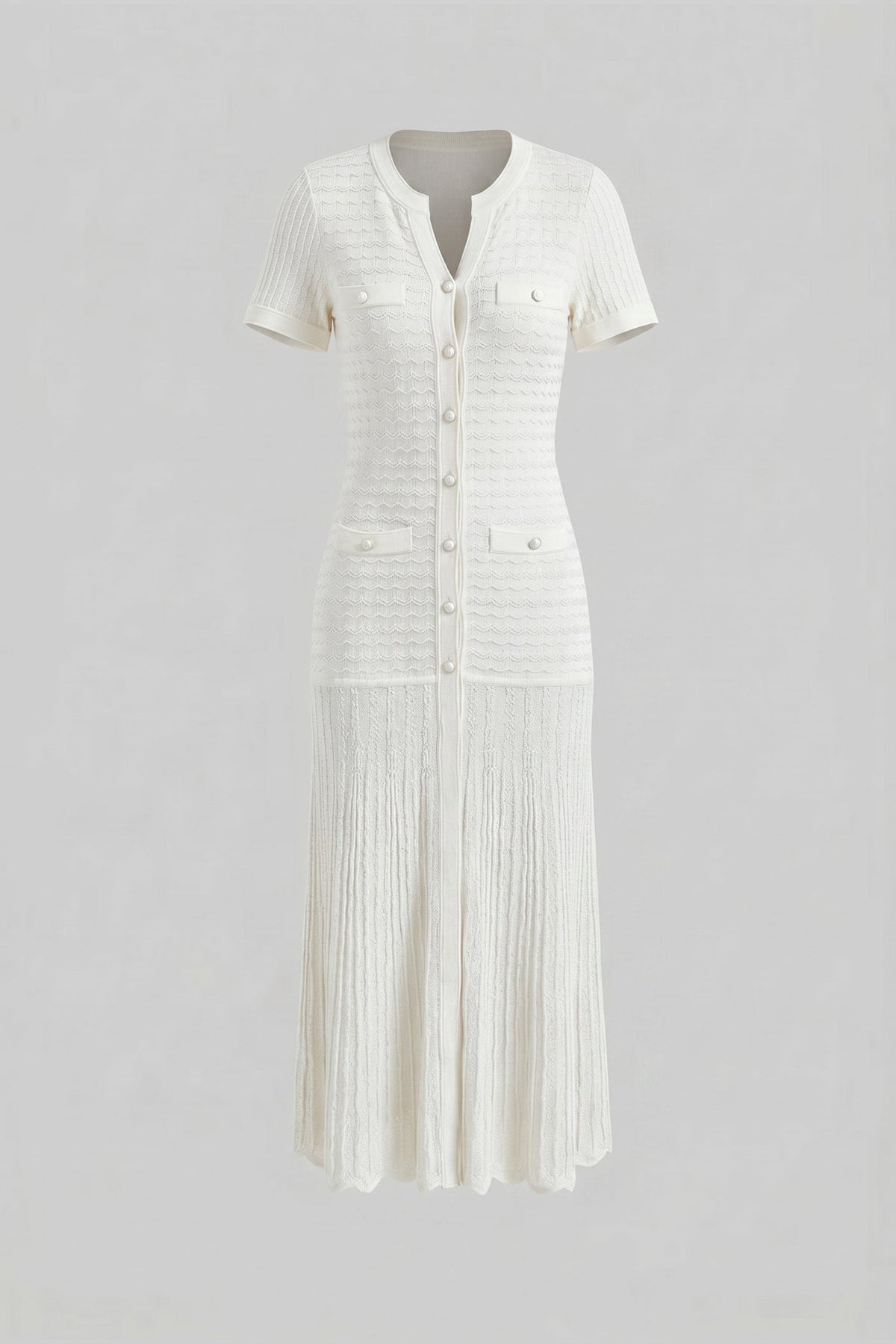 Short Sleeve Midi Dress With Shimmer Knit Texture - White