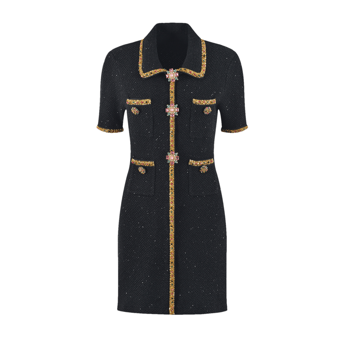 GISELLE TWEED EMBELLISHED MINI DRESS - BLACK