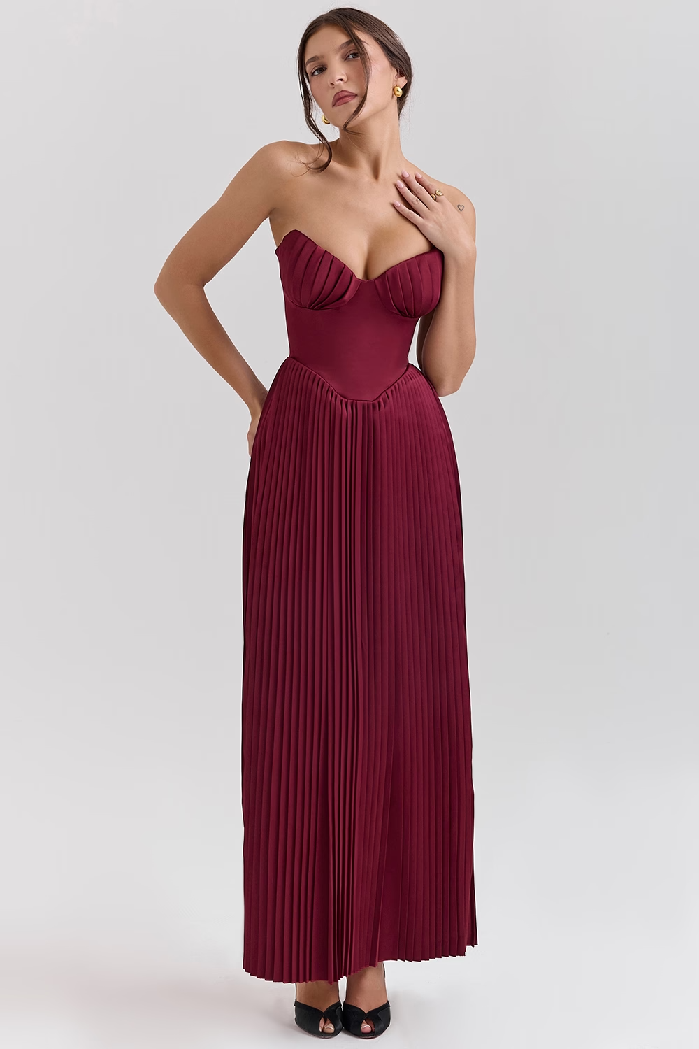 Marcella - Berry Pleated Georgette Maxi Dress