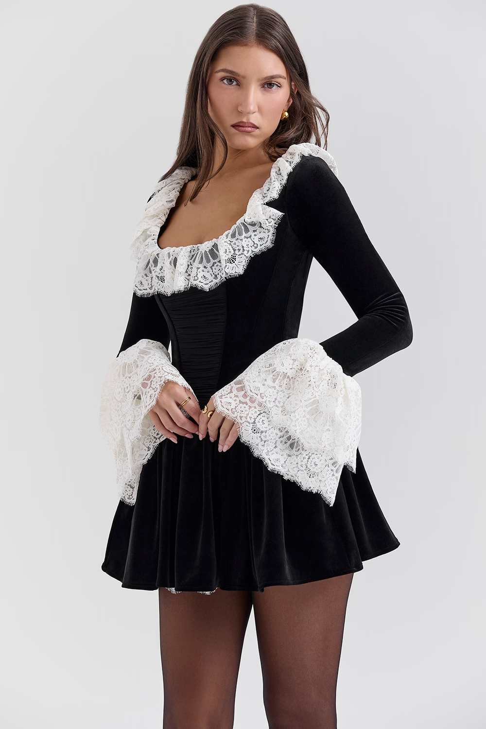 Czarina Black Velvet Lace Trimmed Mini Dress