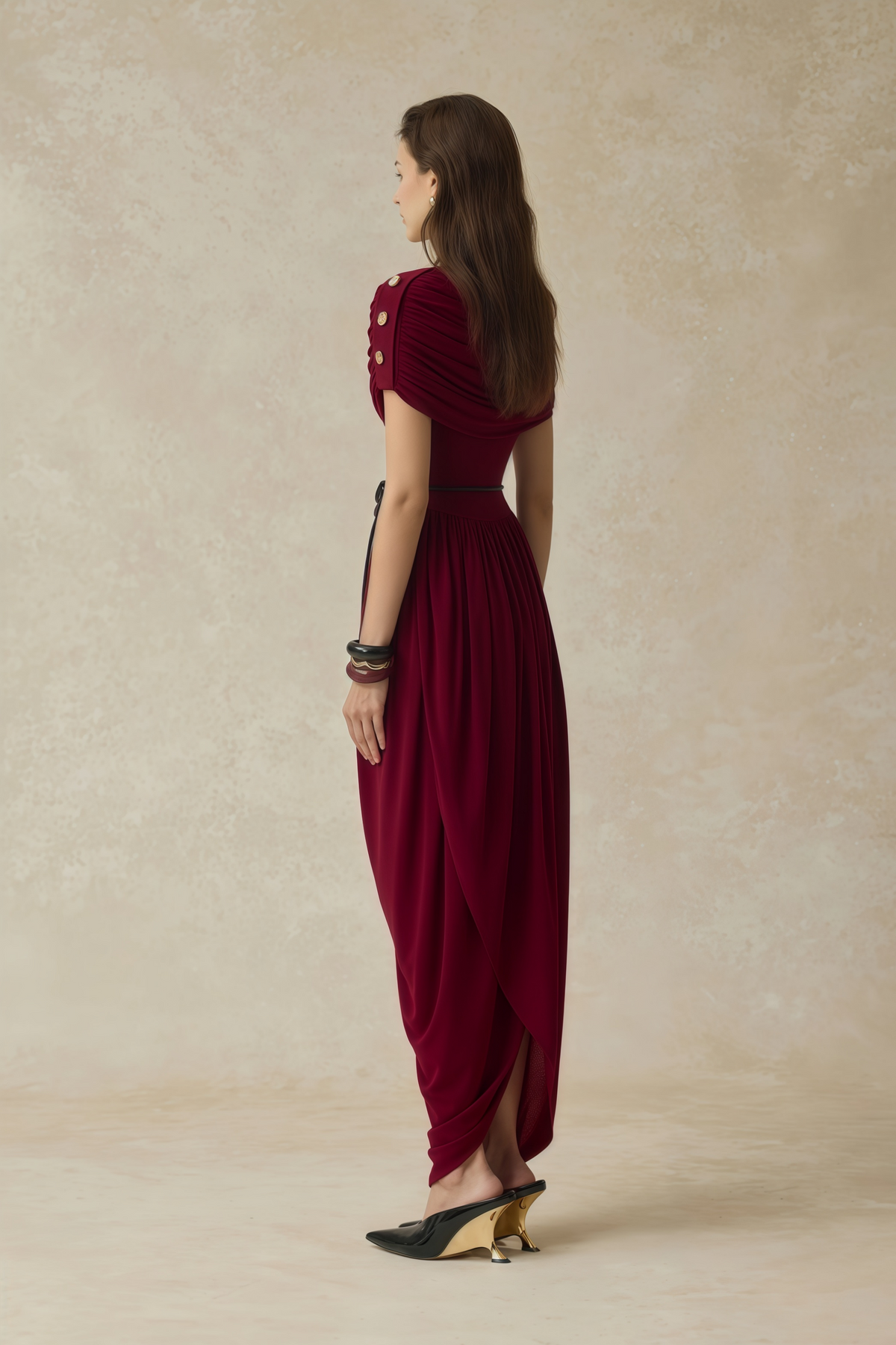 Gianna Burgundy Shawl Design Draped Maxi Dress (Final Sale-US Only)