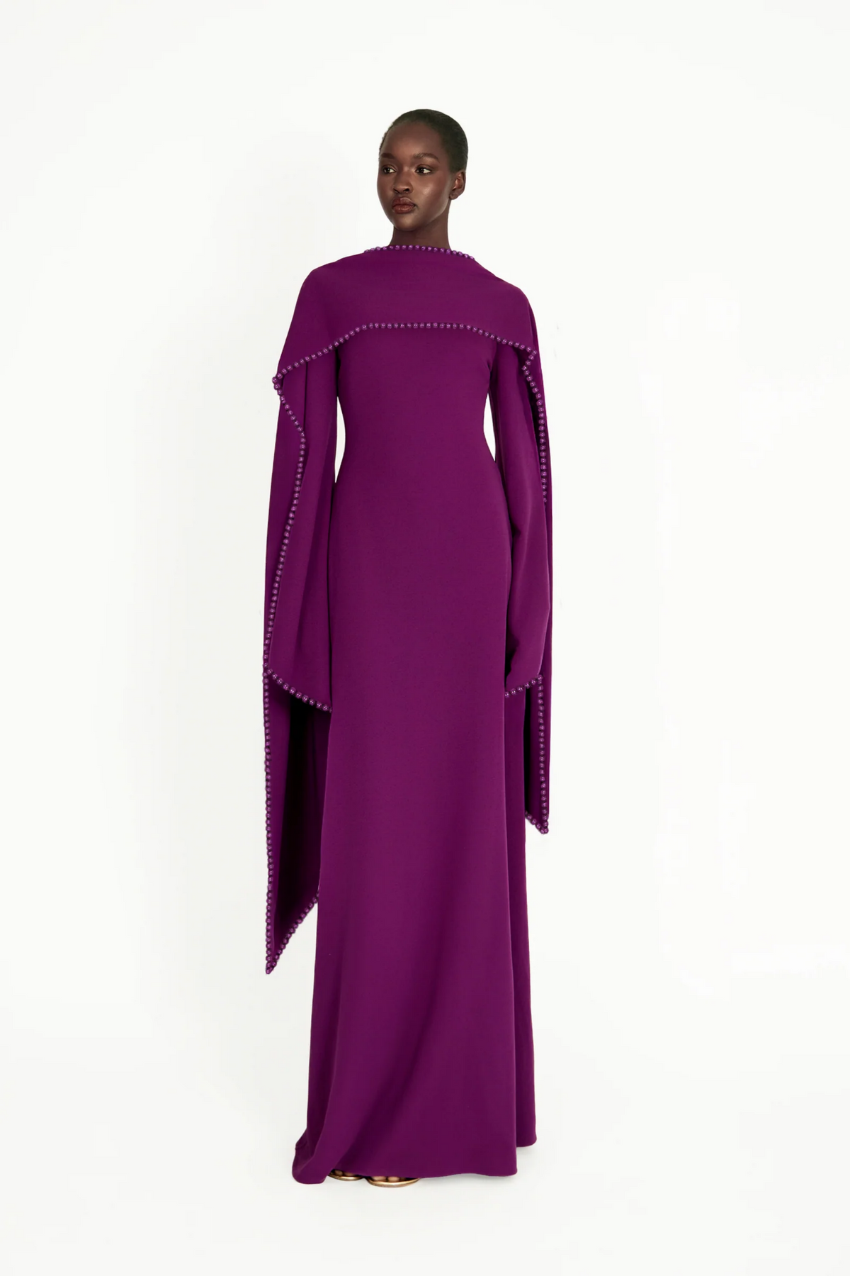 Piroska Purple Pearl Trim Shawl Detail Maxi Dress