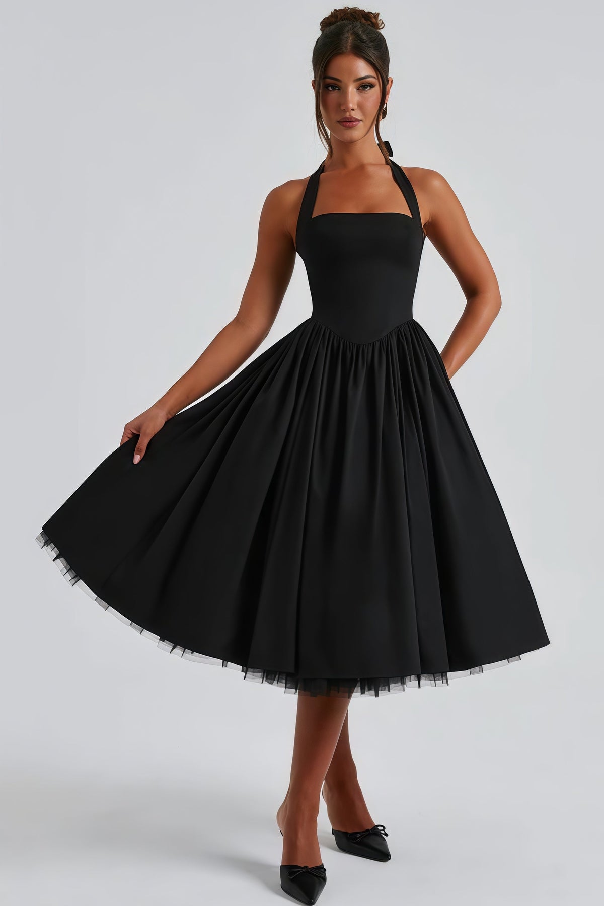 Eponine Black Layered Flared Hem Midi Dress