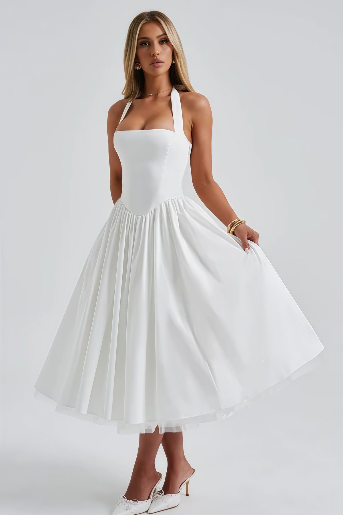 Eponine White Layered Flared Hem Midi Dress