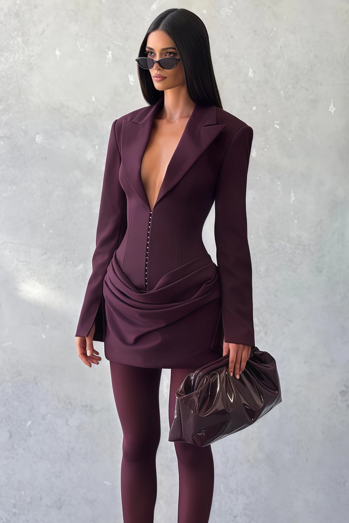 Rosette Wine Red Ruched Blazer Mini Dress