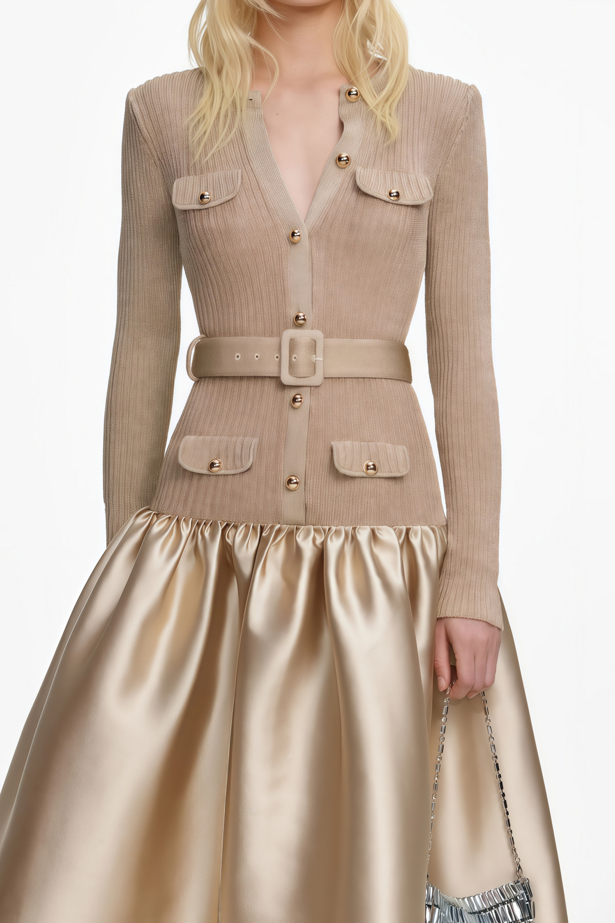 Fern Gold Satin Panel Knit Midi Dress