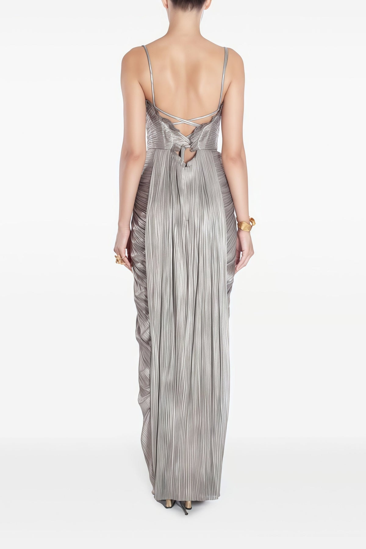 Nicoletta Silver Glossy Pleated Corset Maxi Dress (Final Sale-US Only)
