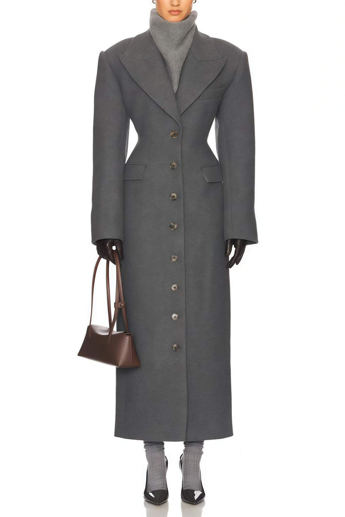Leire Grey Single-Breasted Tweed Overcoat